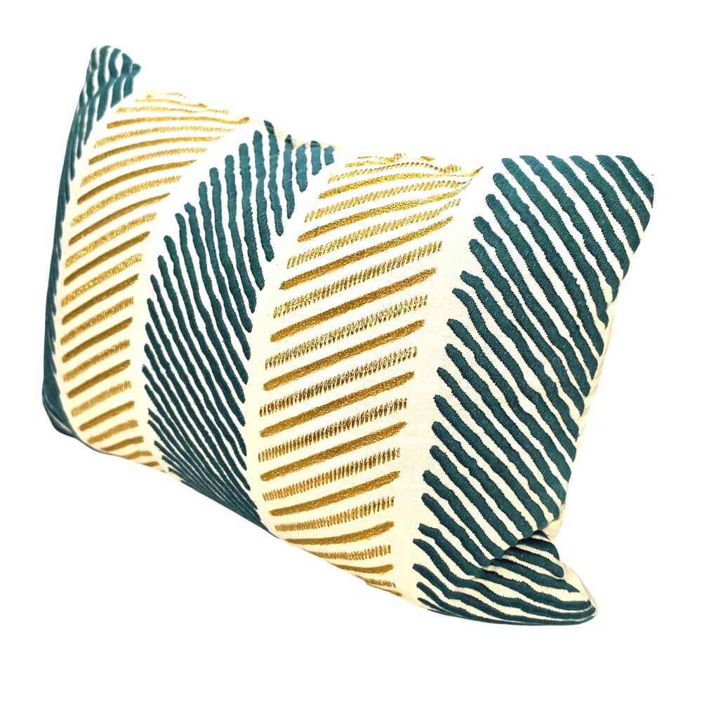Pillow Teal Green Metallic Gold Chevron Glam Geometric Accent Lumbar 11x17